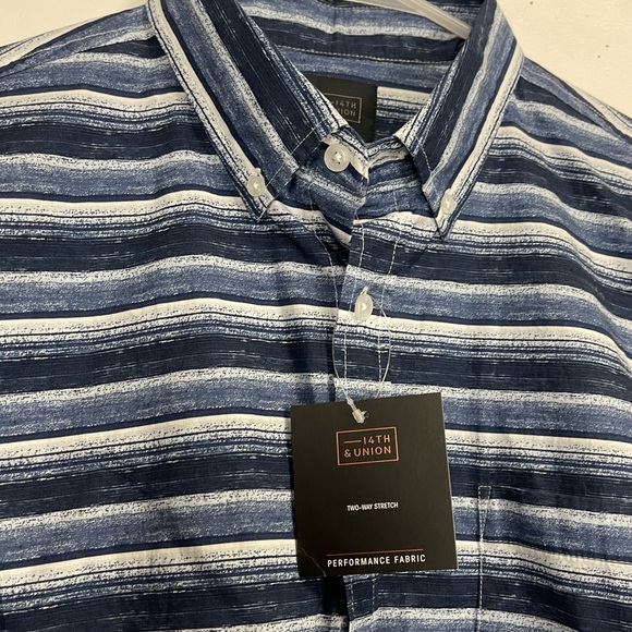 14th & Union Shirt Mens Large Blue White Stripe Short Sleeve Shirt Button Up NWT - Picture 4 of 9